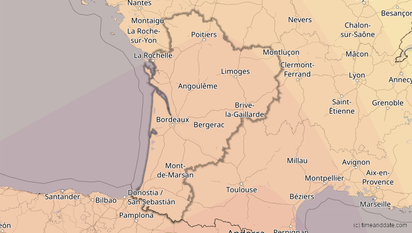 A map of Nouvelle-Aquitaine, Frankreich, showing the path of the 26. Jan 2028 Ringförmige Sonnenfinsternis