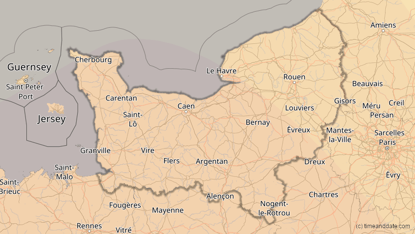A map of Normandie, France, showing the path of the Jan 26, 2028 Annular Solar Eclipse
