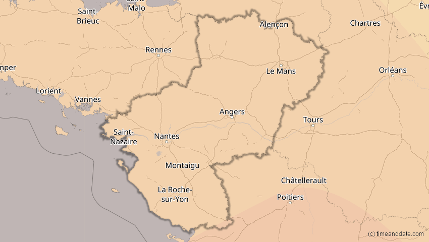 A map of Pays de la Loire, Frankreich, showing the path of the 26. Jan 2028 Ringförmige Sonnenfinsternis