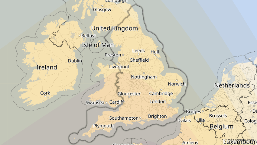 A map of England, Großbritannien, showing the path of the 26. Jan 2028 Ringförmige Sonnenfinsternis