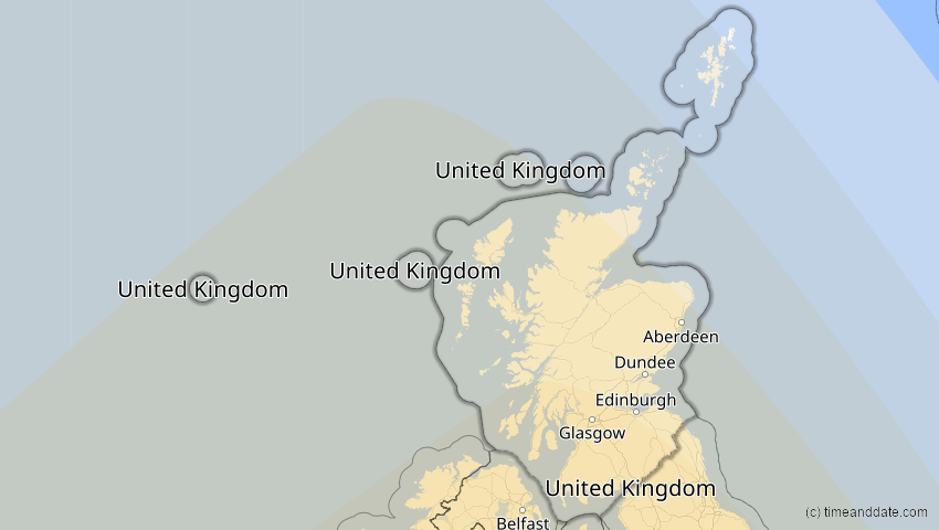 A map of Schottland, Großbritannien, showing the path of the 26. Jan 2028 Ringförmige Sonnenfinsternis