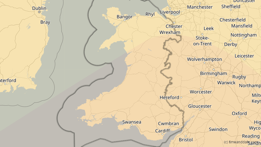A map of Wales, Großbritannien, showing the path of the 26. Jan 2028 Ringförmige Sonnenfinsternis