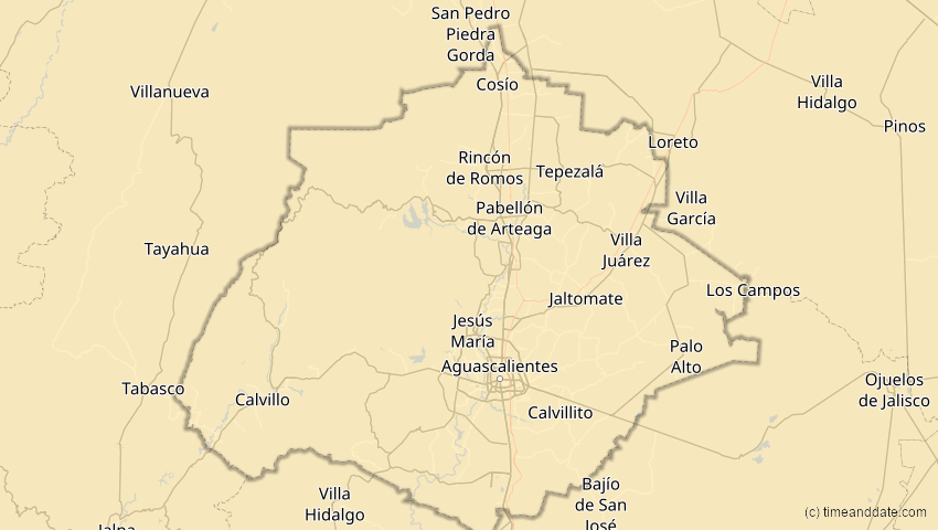 A map of Aguascalientes, Mexiko, showing the path of the 26. Jan 2028 Ringförmige Sonnenfinsternis
