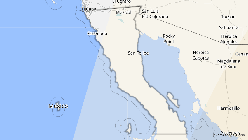 A map of Baja California, Mexico, showing the path of the Jan 26, 2028 Annular Solar Eclipse