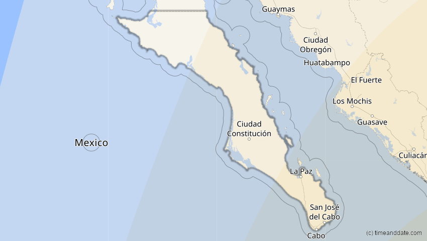 A map of Baja California Sur, Mexico, showing the path of the Jan 26, 2028 Annular Solar Eclipse
