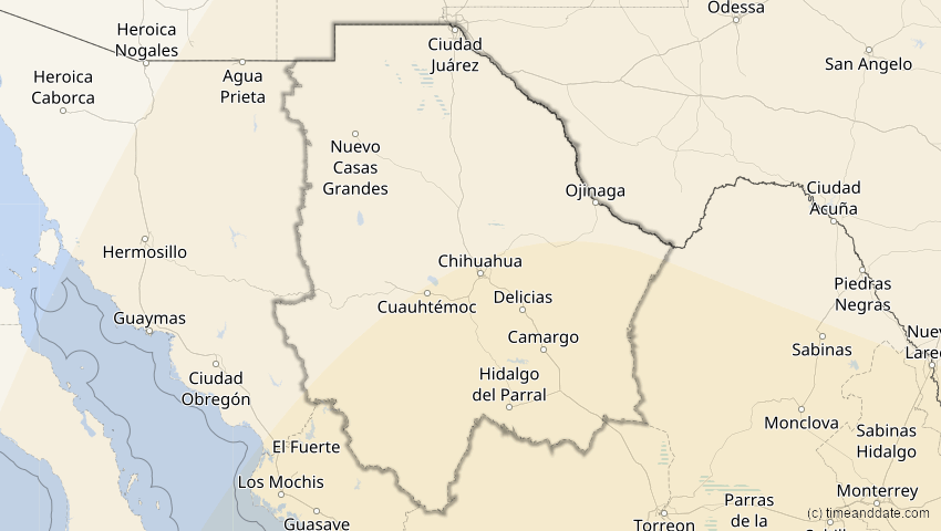 A map of Chihuahua, Mexiko, showing the path of the 26. Jan 2028 Ringförmige Sonnenfinsternis