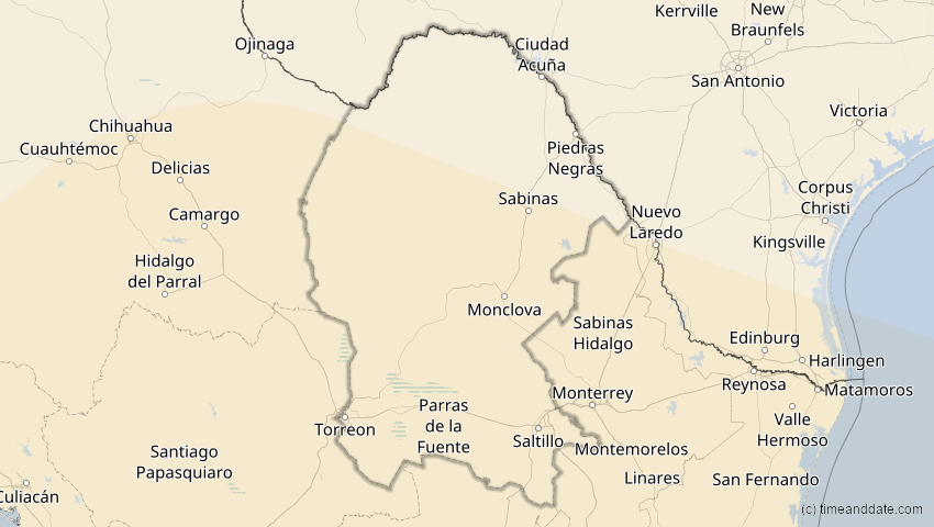A map of Coahuila, Mexiko, showing the path of the 26. Jan 2028 Ringförmige Sonnenfinsternis