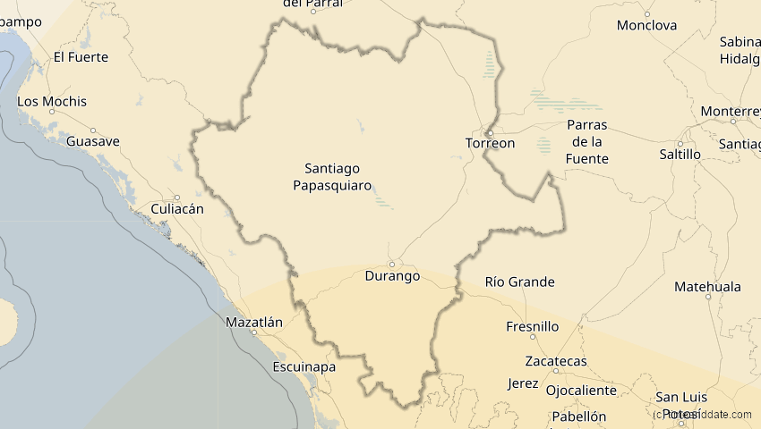 A map of Durango, Mexiko, showing the path of the 26. Jan 2028 Ringförmige Sonnenfinsternis
