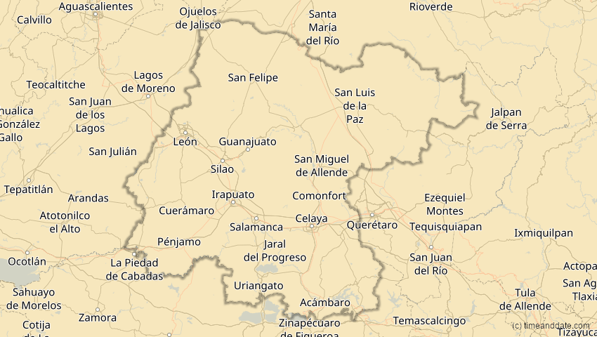 A map of Guanajuato, Mexiko, showing the path of the 26. Jan 2028 Ringförmige Sonnenfinsternis