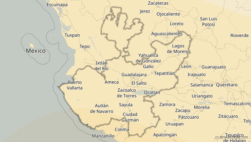 A map of Jalisco, Mexiko, showing the path of the 26. Jan 2028 Ringförmige Sonnenfinsternis