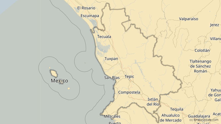 A map of Nayarit, Mexico, showing the path of the Jan 26, 2028 Annular Solar Eclipse