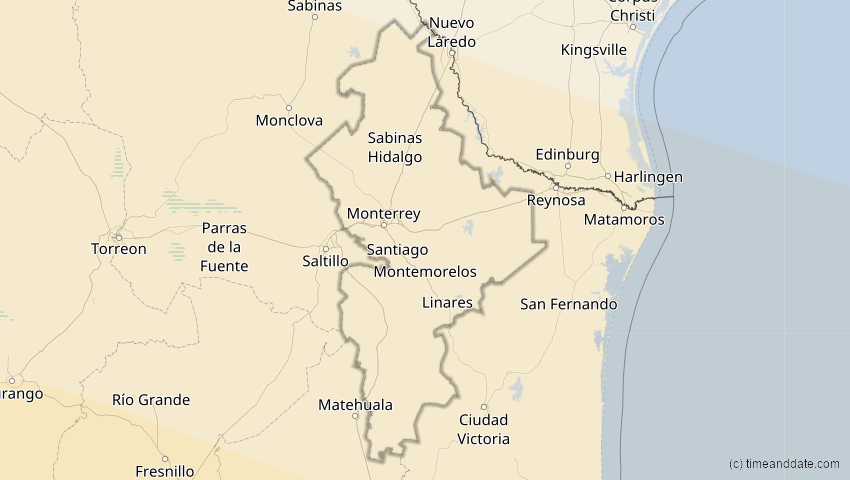 A map of Nuevo León, Mexiko, showing the path of the 26. Jan 2028 Ringförmige Sonnenfinsternis