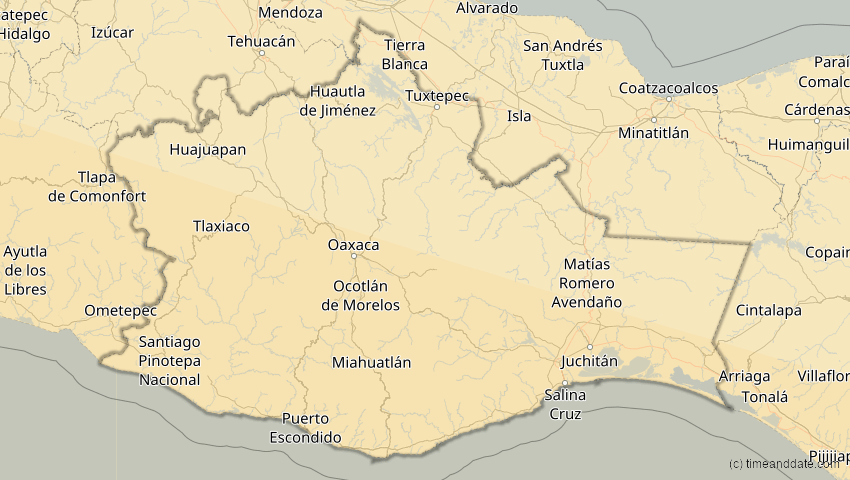 A map of Oaxaca, Mexiko, showing the path of the 26. Jan 2028 Ringförmige Sonnenfinsternis