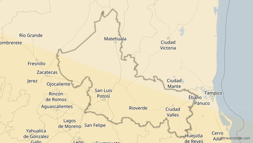 A map of San Luis Potosí, Mexiko, showing the path of the 26. Jan 2028 Ringförmige Sonnenfinsternis