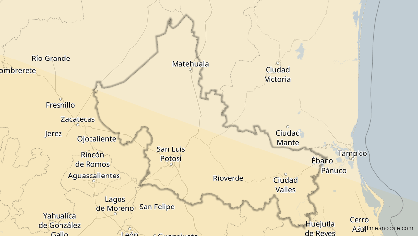 A map of San Luis Potosí, Mexico, showing the path of the Jan 26, 2028 Annular Solar Eclipse