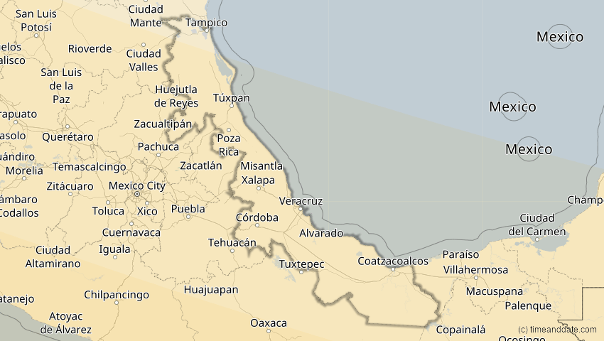 A map of Veracruz, Mexico, showing the path of the Jan 26, 2028 Annular Solar Eclipse