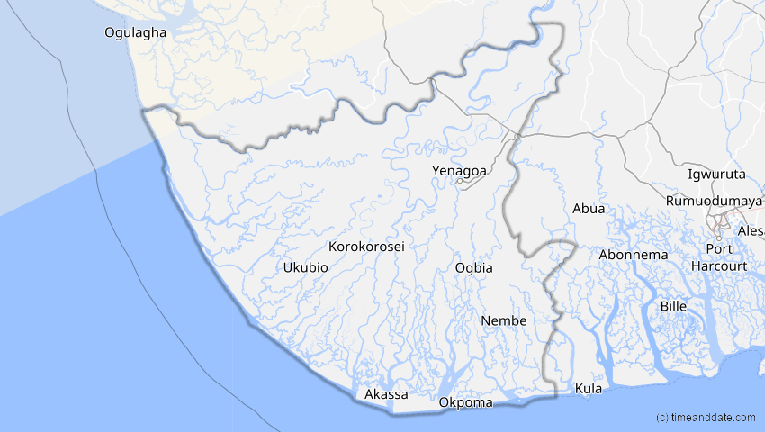 A map of Bayelsa, Nigeria, showing the path of the 26. Jan 2028 Ringförmige Sonnenfinsternis
