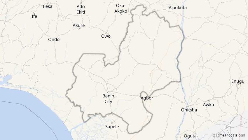 A map of Edo, Nigeria, showing the path of the 26. Jan 2028 Ringförmige Sonnenfinsternis