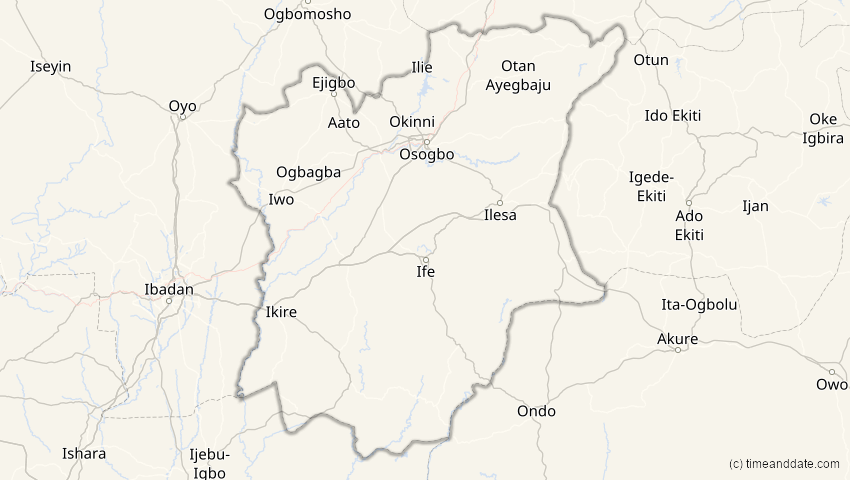 A map of Osun, Nigeria, showing the path of the 26. Jan 2028 Ringförmige Sonnenfinsternis