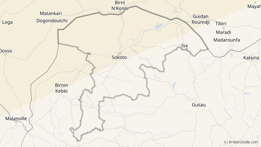 A map of Sokoto, Nigeria, showing the path of the 26. Jan 2028 Ringförmige Sonnenfinsternis