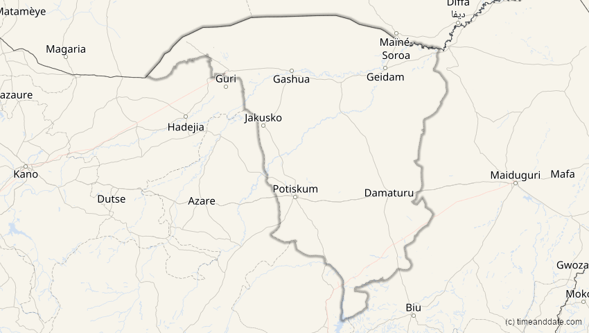 A map of Yobe, Nigeria, showing the path of the 26. Jan 2028 Ringförmige Sonnenfinsternis