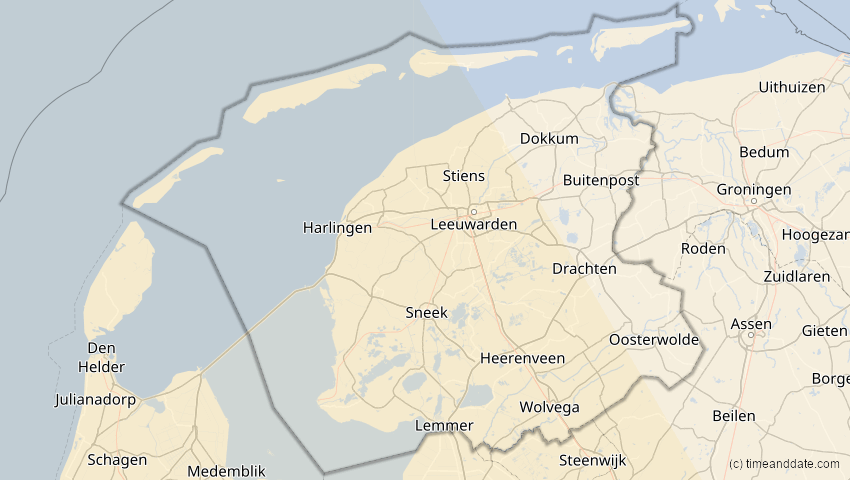 A map of Friesland, Netherlands, showing the path of the Jan 26, 2028 Annular Solar Eclipse