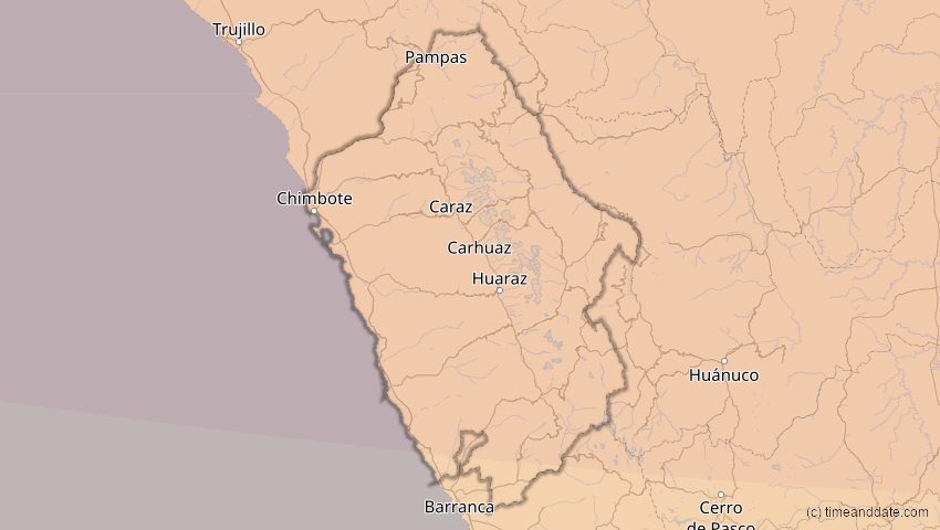 A map of Ancash, Peru, showing the path of the Jan 26, 2028 Annular Solar Eclipse