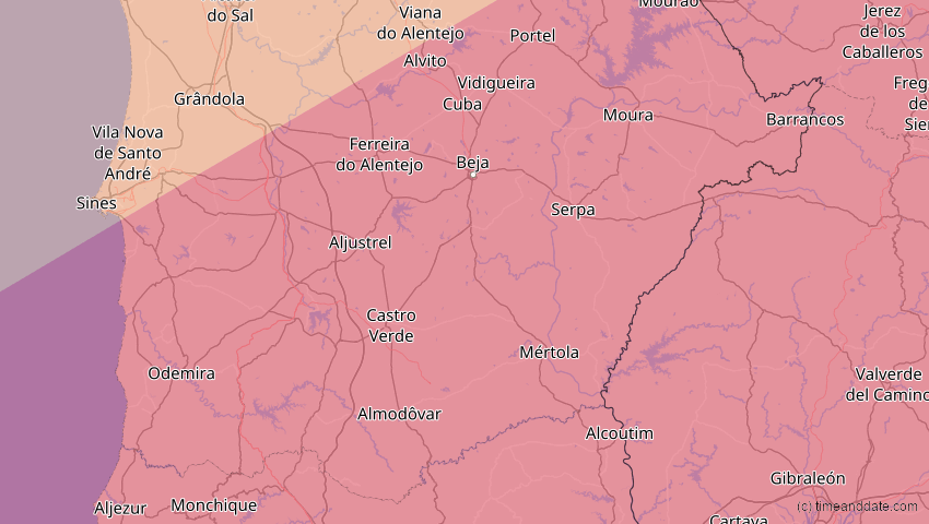 A map of Beja, Portugal, showing the path of the 26. Jan 2028 Ringförmige Sonnenfinsternis