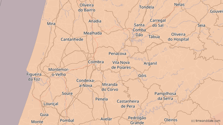 A map of Coimbra, Portugal, showing the path of the 26. Jan 2028 Ringförmige Sonnenfinsternis