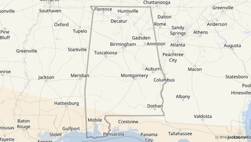 A map of Alabama, USA, showing the path of the 26. Jan 2028 Ringförmige Sonnenfinsternis