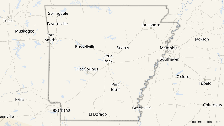 A map of Arkansas, United States, showing the path of the Jan 26, 2028 Annular Solar Eclipse