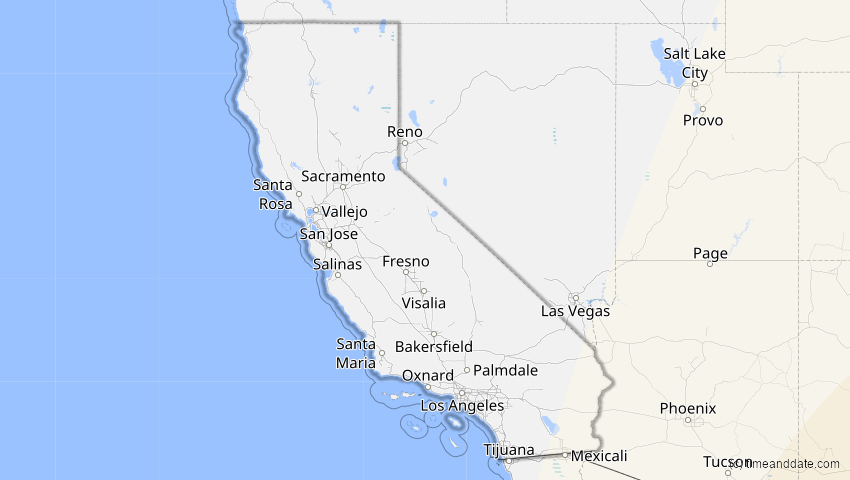 A map of California, United States, showing the path of the Jan 26, 2028 Annular Solar Eclipse