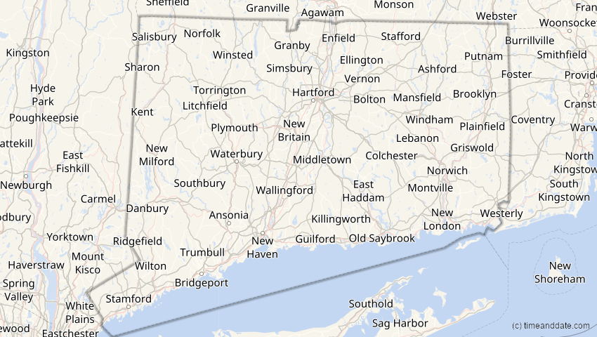 A map of Connecticut, USA, showing the path of the 26. Jan 2028 Ringförmige Sonnenfinsternis
