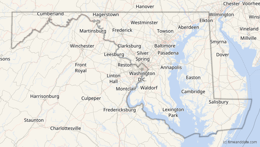 A map of Maryland, United States, showing the path of the Jan 26, 2028 Annular Solar Eclipse