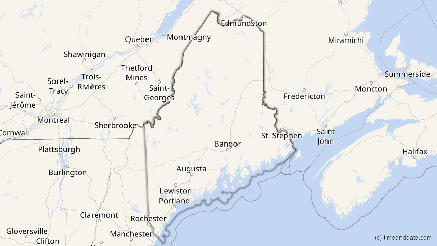 A map of Maine, USA, showing the path of the 26. Jan 2028 Ringförmige Sonnenfinsternis