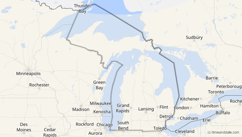 A map of Michigan, USA, showing the path of the 26. Jan 2028 Ringförmige Sonnenfinsternis