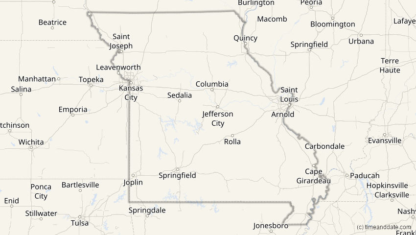 A map of Missouri, USA, showing the path of the 26. Jan 2028 Ringförmige Sonnenfinsternis