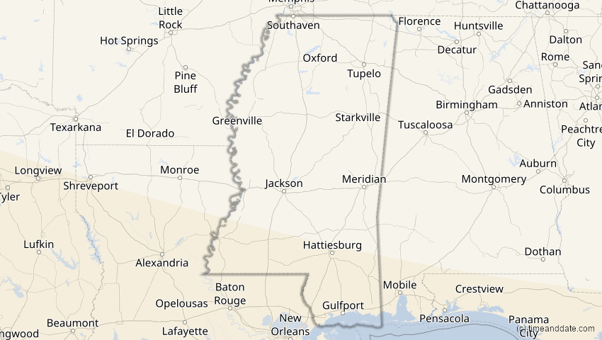 A map of Mississippi, USA, showing the path of the 26. Jan 2028 Ringförmige Sonnenfinsternis