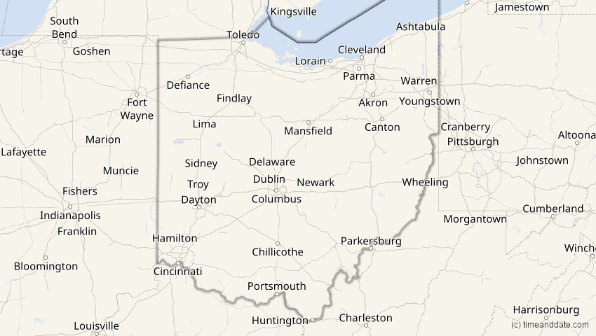A map of Ohio, United States, showing the path of the Jan 26, 2028 Annular Solar Eclipse