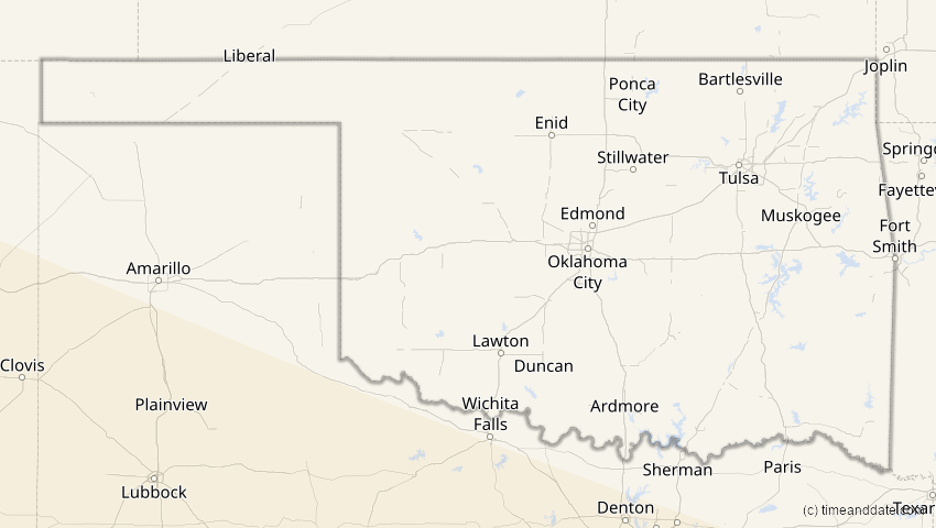 A map of Oklahoma, United States, showing the path of the Jan 26, 2028 Annular Solar Eclipse