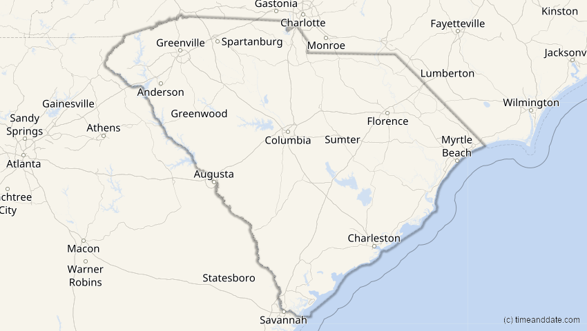A map of South Carolina, USA, showing the path of the 26. Jan 2028 Ringförmige Sonnenfinsternis