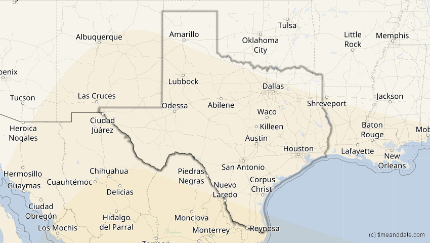 A map of Texas, United States, showing the path of the Jan 26, 2028 Annular Solar Eclipse