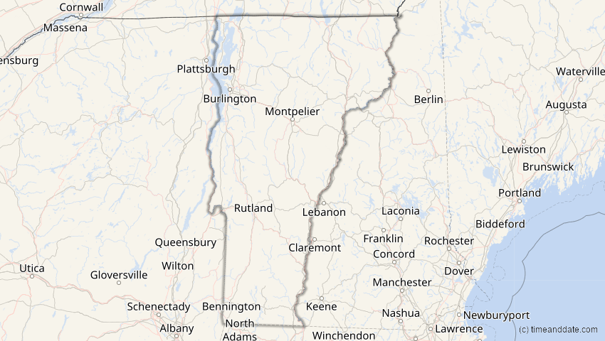 A map of Vermont, USA, showing the path of the 26. Jan 2028 Ringförmige Sonnenfinsternis