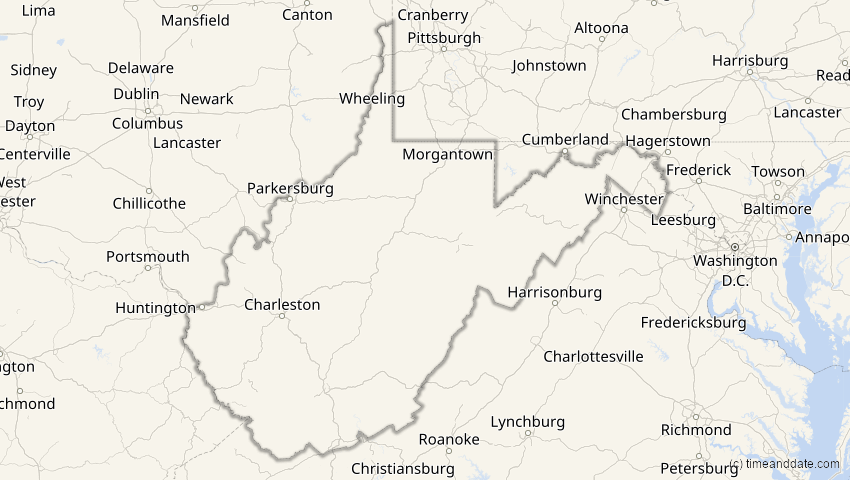 A map of West Virginia, USA, showing the path of the 26. Jan 2028 Ringförmige Sonnenfinsternis