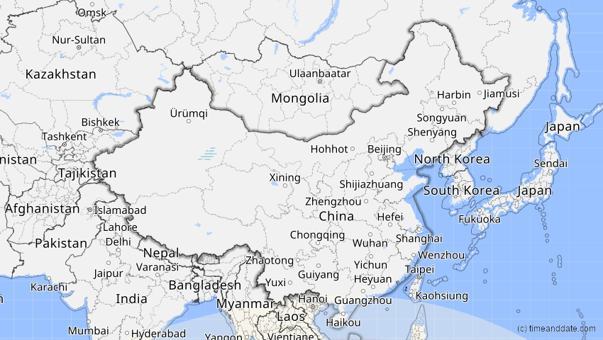 A map of China, showing the path of the 22. Jul 2028 Totale Sonnenfinsternis