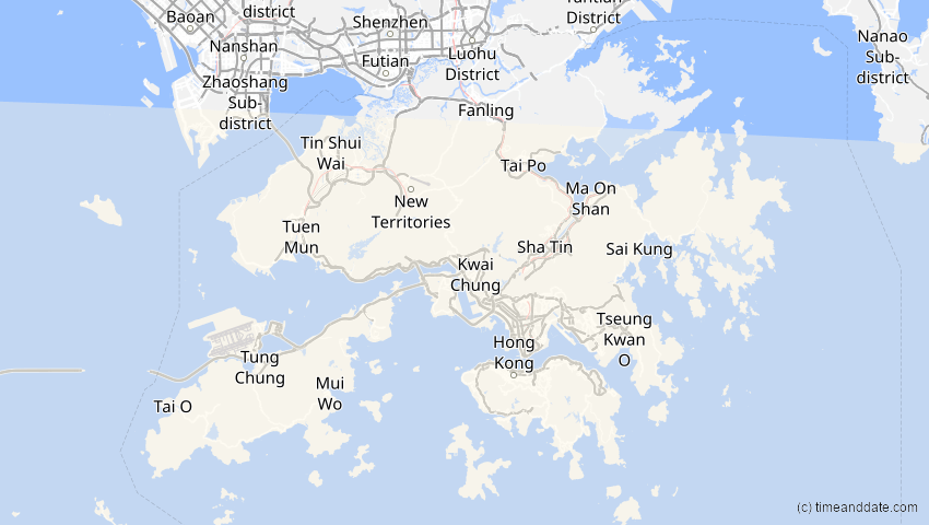A map of Hongkong, showing the path of the 22. Jul 2028 Totale Sonnenfinsternis