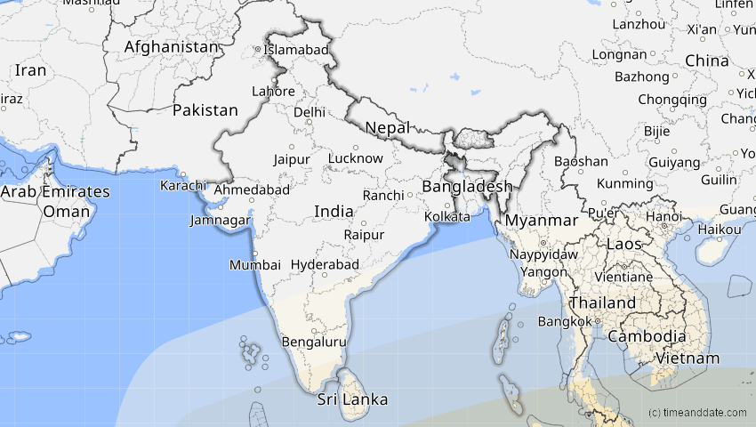 A map of India, showing the path of the Jul 22, 2028 Total Solar Eclipse