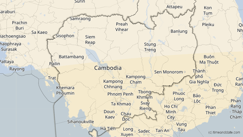 A map of Cambodia, showing the path of the Jul 22, 2028 Total Solar Eclipse