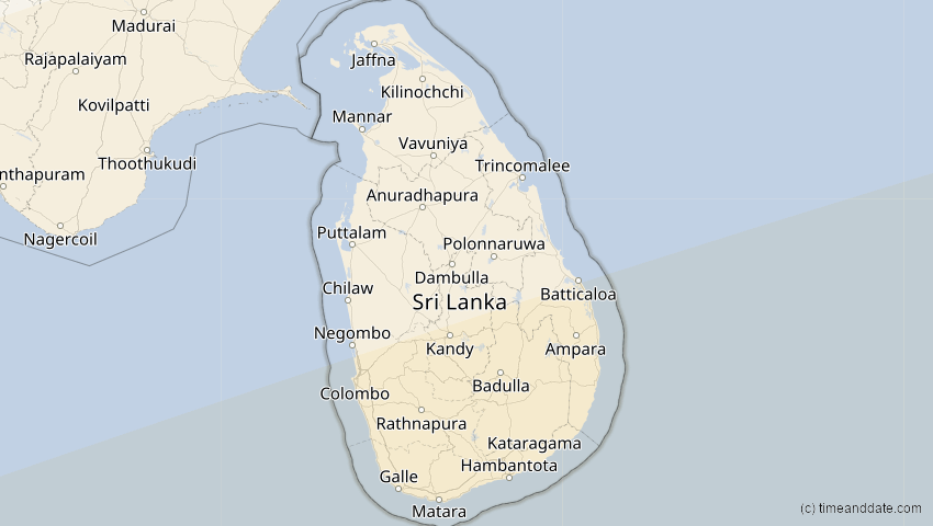 A map of Sri Lanka, showing the path of the 22. Jul 2028 Totale Sonnenfinsternis