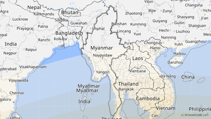 A map of Myanmar, showing the path of the 22. Jul 2028 Totale Sonnenfinsternis